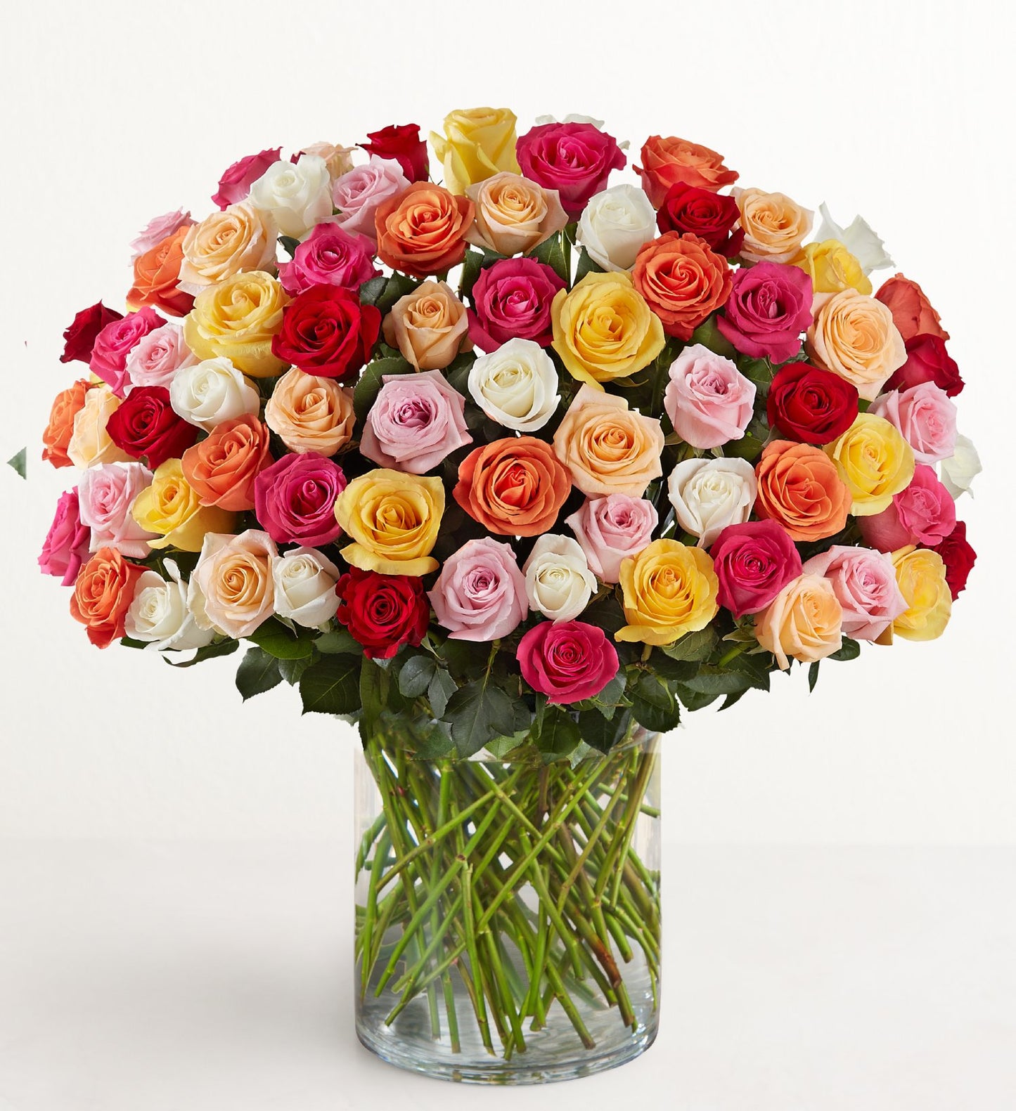 Les 100 roses assorties Premium Long Stem présentent un mélange vibrant de roses rouges, jaunes, roses, blanches et orange élégamment disposées dans un vase en verre transparent avec des tiges vertes et aquatiques, sur un fond blanc uni.