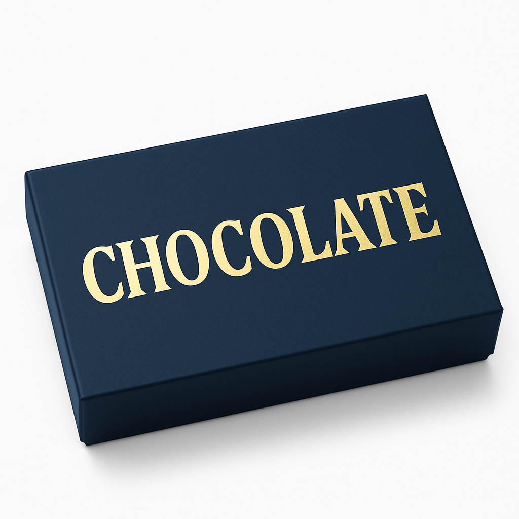 A closed, rectangular navy blue box from Terrafolia Flowers labeled "CHOCOLATES" in large gold letters on the lid, displayed against a white background.