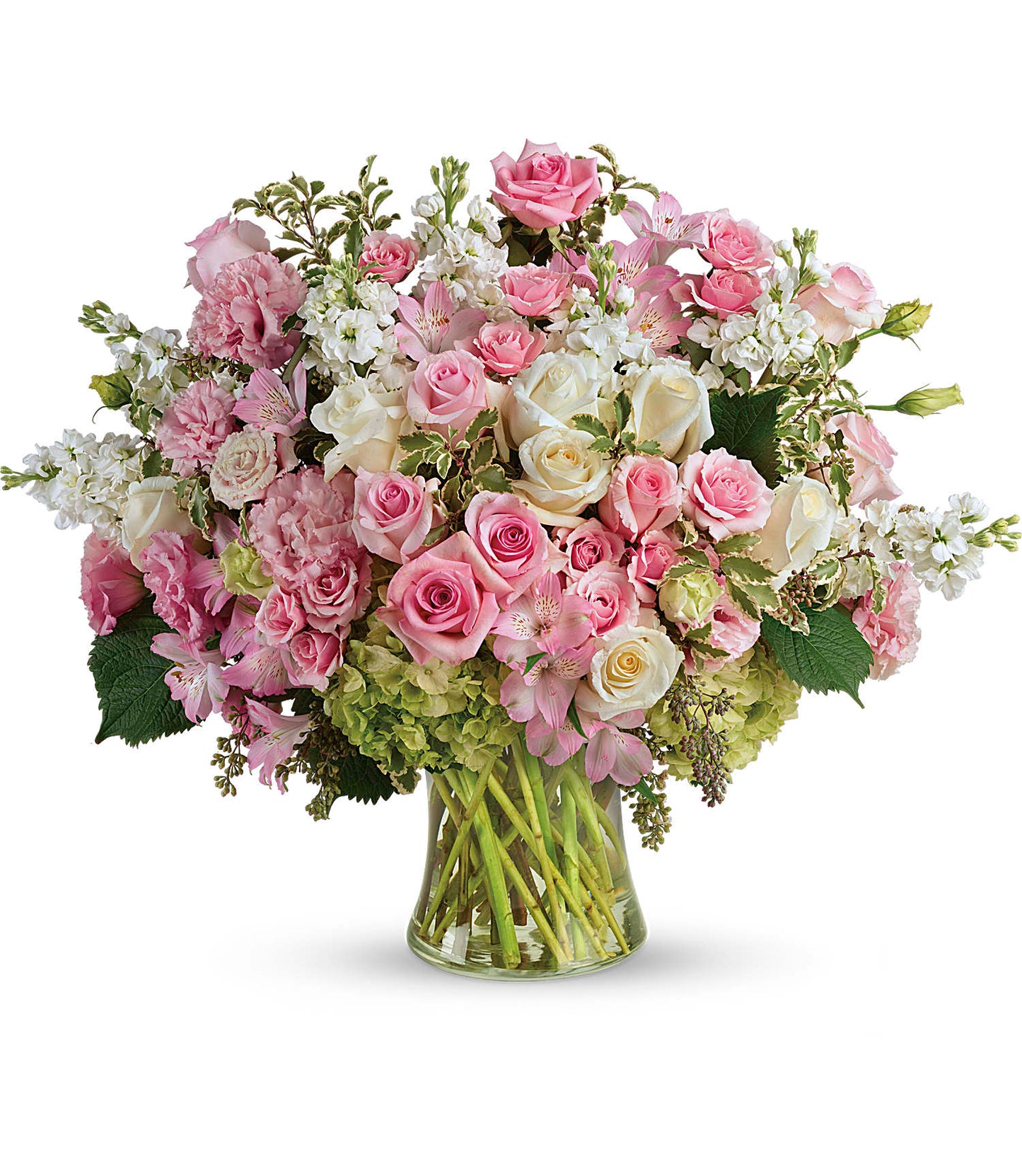The Beautiful Love Bouquet features a large gathering vase filled with pink and white roses, light green hydrangeas, pink lilies, and assorted greenery for a fresh and elegant look.