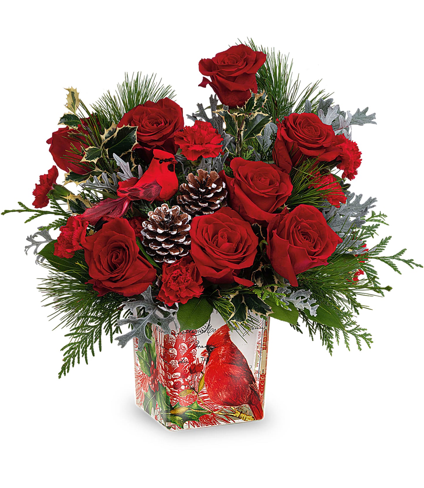 The Cardinal Cheer Bouquet by Fleuriste Terrafolia Flowers features red roses, carnations, pinecones, and greenery in a cardinal-adorned square vase—perfect for festive seasonal cheer.