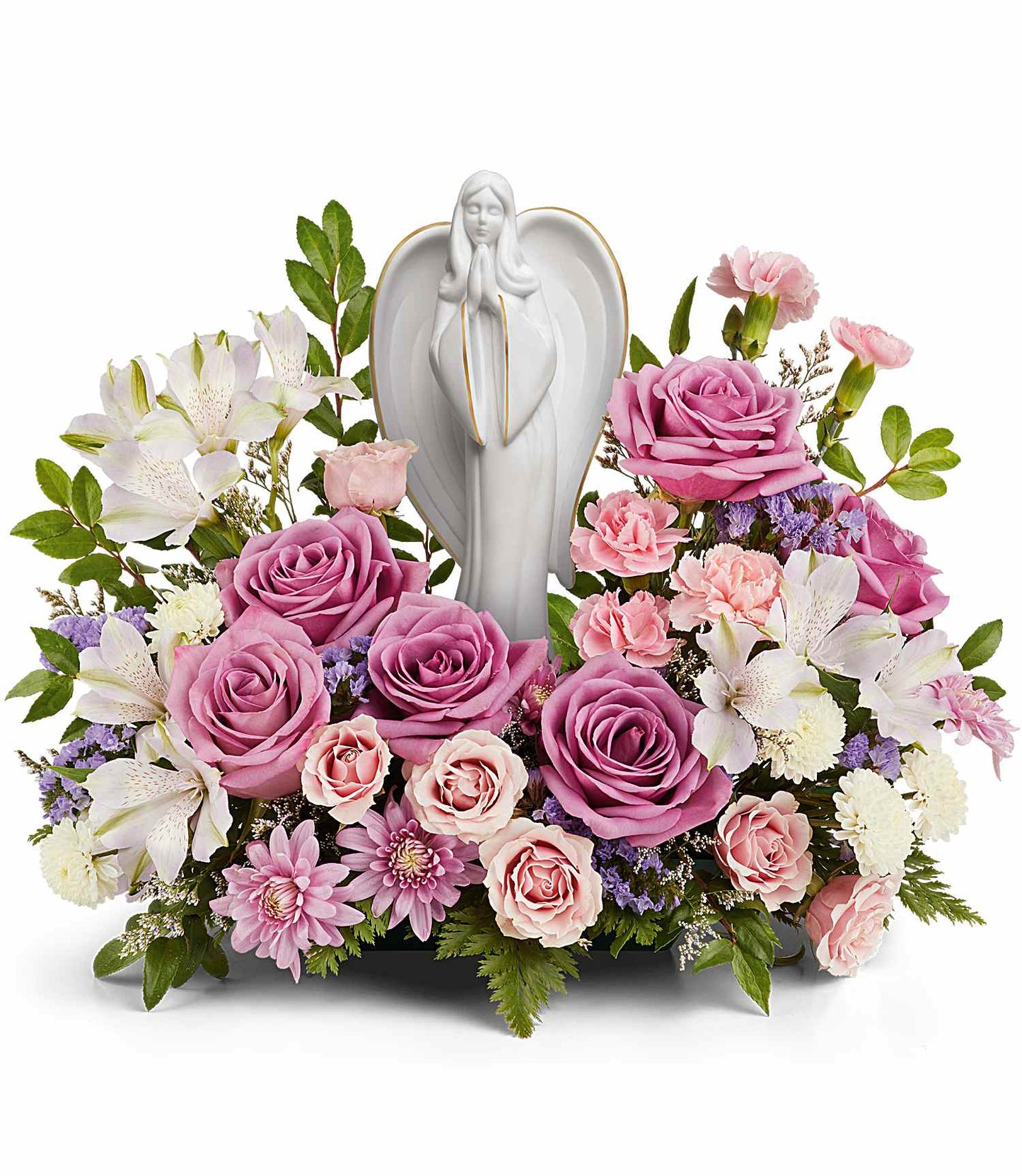 The Ever So Loved Bouquet features lavender roses, pink carnations, white lilies, small white flowers, purple accents, and green foliage arranged around a white Angel of Grace keepsake figurine.