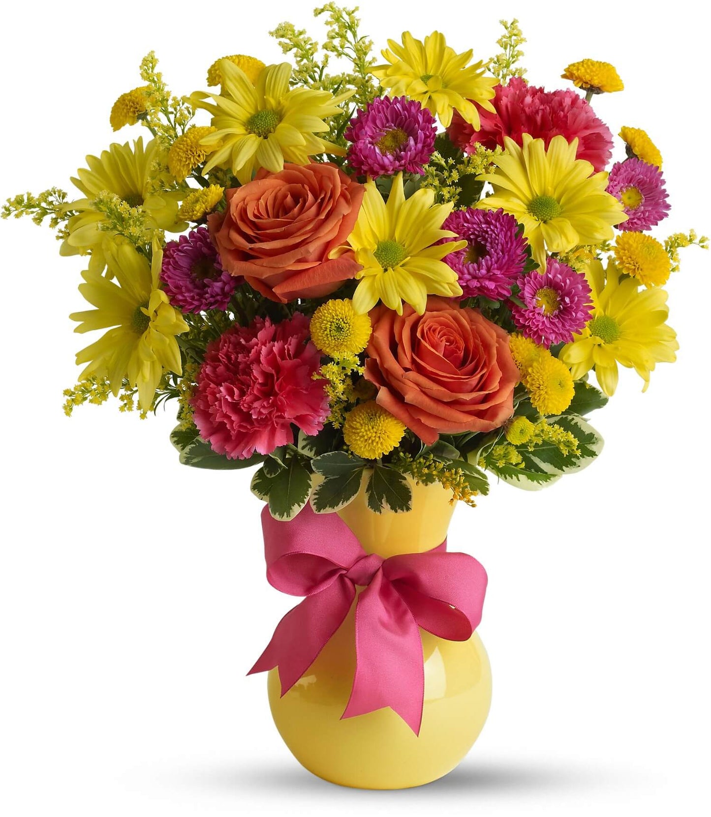 The TF Hooray-diant! Bouquet features a lively mix of yellow daisies, orange roses, and pink carnations arranged in a bright vase adorned with a vivid pink ribbon.