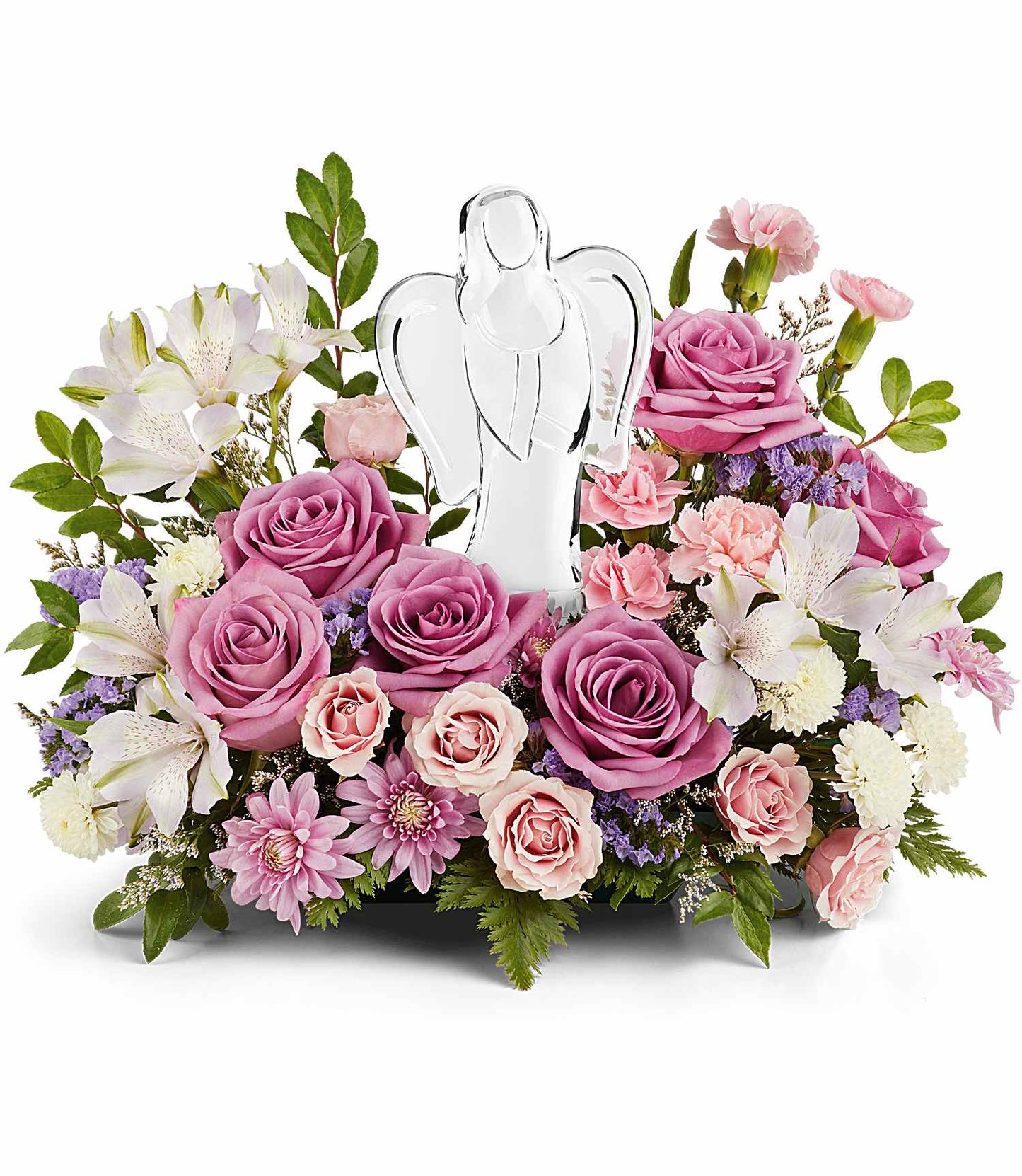 The In Heaven's Arms Bouquet features a crystal angel keepsake surrounded by lavender roses, pink carnations, white lilies, chrysanthemums, and lush greenery for a peaceful, elegant display.