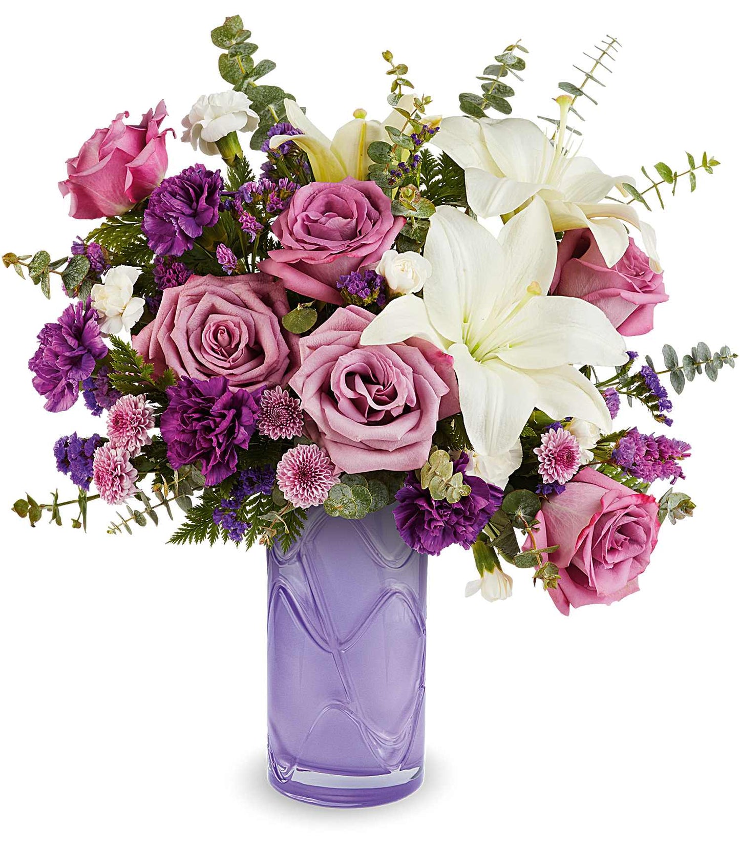The Mauvelous Bloom Bouquet features pink and lavender roses, white asiatic lilies, purple carnations, and assorted greenery for a lush, elegant display perfect for any occasion.