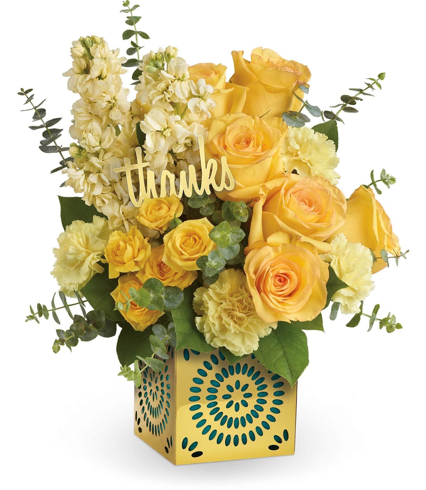 The Shimmer Of Thanks Bouquet by TF features yellow roses, yellow carnations, and lush greenery in a bright box, topped with a “thanks” sign.