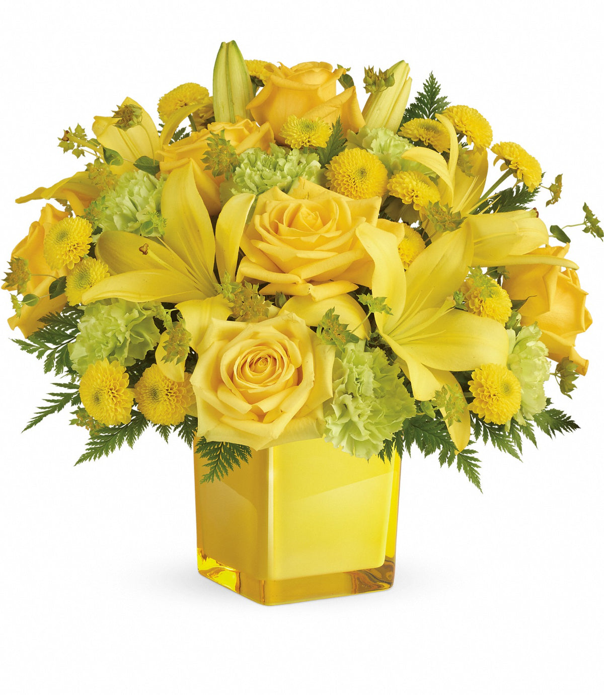 The Sunny Mood Bouquet features yellow roses, lilies, and chrysanthemums with green accents in a yellow glass cube.