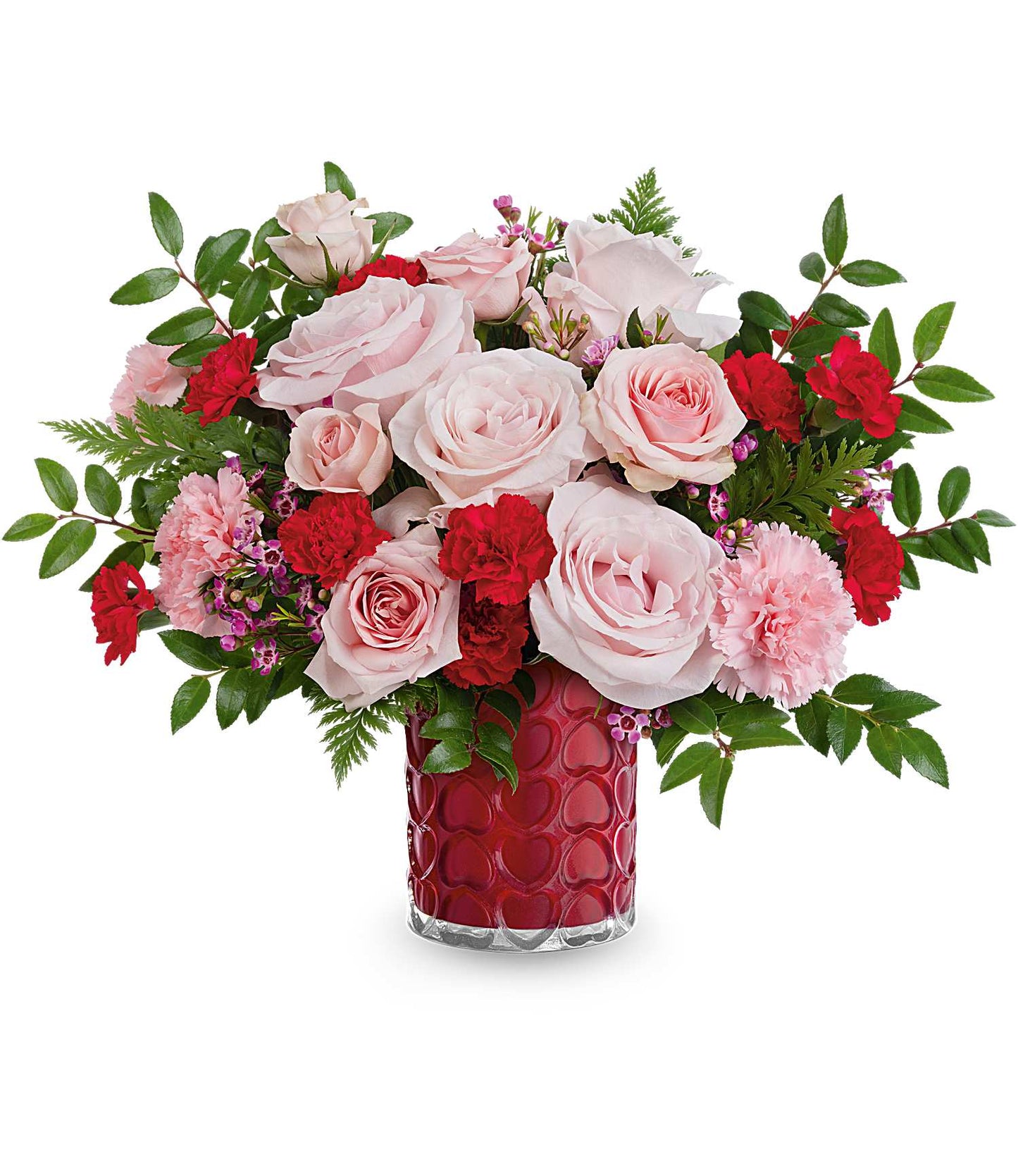 The Sweetheart Sparkle Bouquet by TF features light pink roses, red miniature carnations, small red flowers, and greenery in an Enchanted Hearts Vase.
