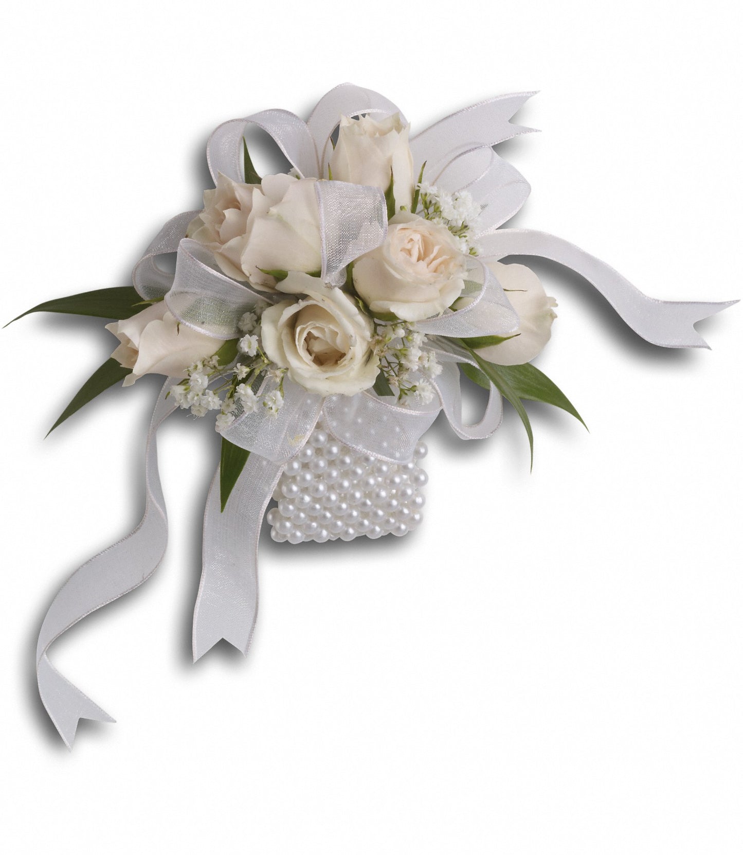 The TF White Whisper Wristlet features crème spray roses, gypsophila, greenery, sheer white ribbon, and a bracelet with pearl beads.