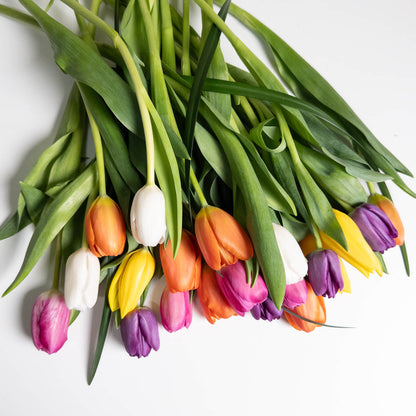 The TF Colorful Mixed Tulips Wrapped bouquet, featuring vibrant orange, yellow, purple, and white tulips, rests on a white surface with a simple beige background.