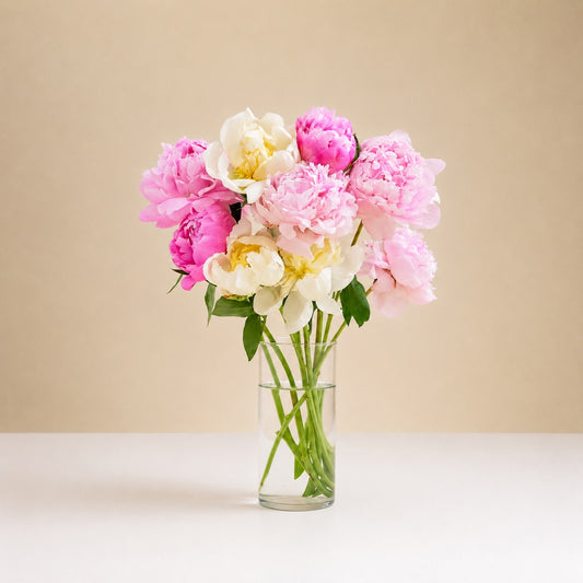The Garden Peony Bouquet features pink and white peonies with green stems and leaves in a clear glass vase, set on a white surface against a neutral beige background.