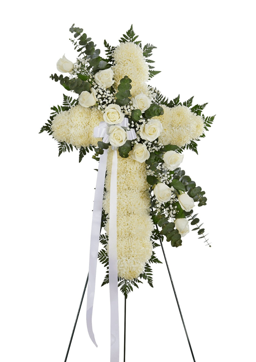 Introducing the Peace and Prayers Standing Cross: an elegant arrangement of white football mums, roses, baby’s breath, and fresh greenery, accented with two long white ribbons and beautifully presented on a black stand.