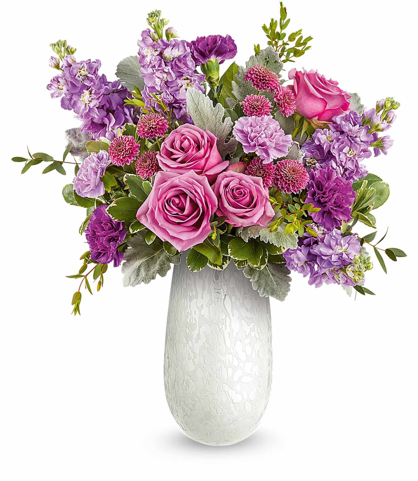 The Amelia Bouquet features pink and purple flowers, including lavender roses, purple carnations, and lush greenery arranged elegantly.