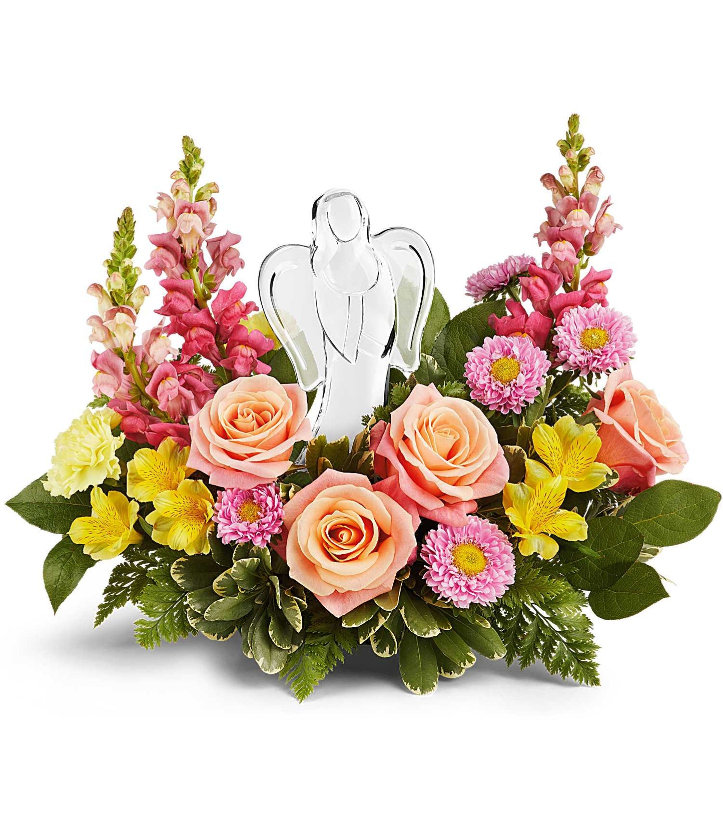 The Angel's Embrace Bouquet showcases pink roses, yellow alstroemerias, pink asters, snapdragons, and greenery. A clear glass angel keepsake stands at the center of this stunning arrangement.