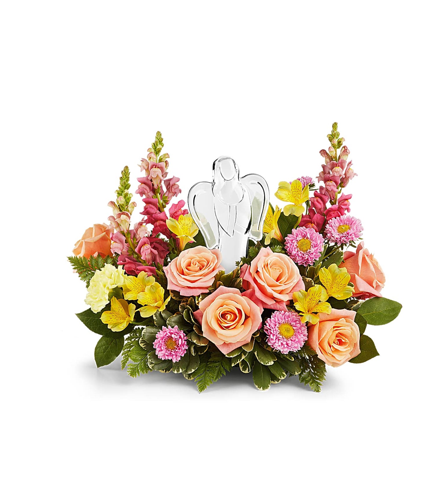 The Angel's Embrace Bouquet showcases pink roses, yellow alstroemerias, pink asters, snapdragons, and greenery. A clear glass angel keepsake stands at the center of this stunning arrangement.