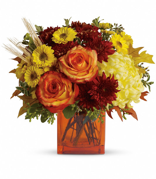 Autumn Expression by TF is a vibrant contemporary flower arrangement in an orange vase featuring orange roses, yellow chrysanthemums, burgundy mums, yellow daisies, wheat stalks, and lush green foliage.