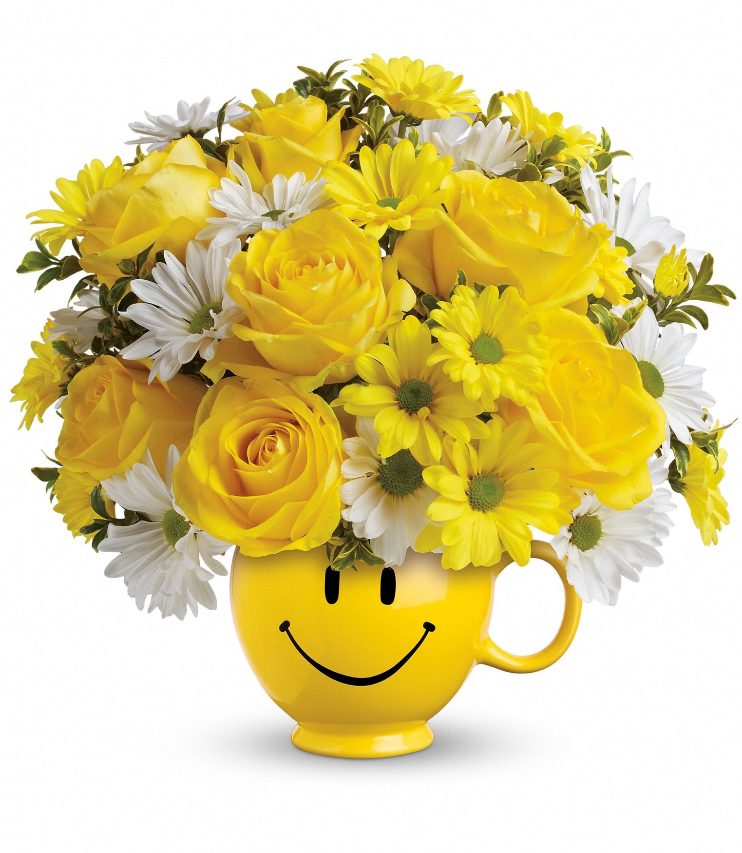 The Be Happy Bouquet by TF features a bright yellow Be Happy® Mug filled with cheerful yellow roses, yellow daisies, and white daisies for a vibrant arrangement.