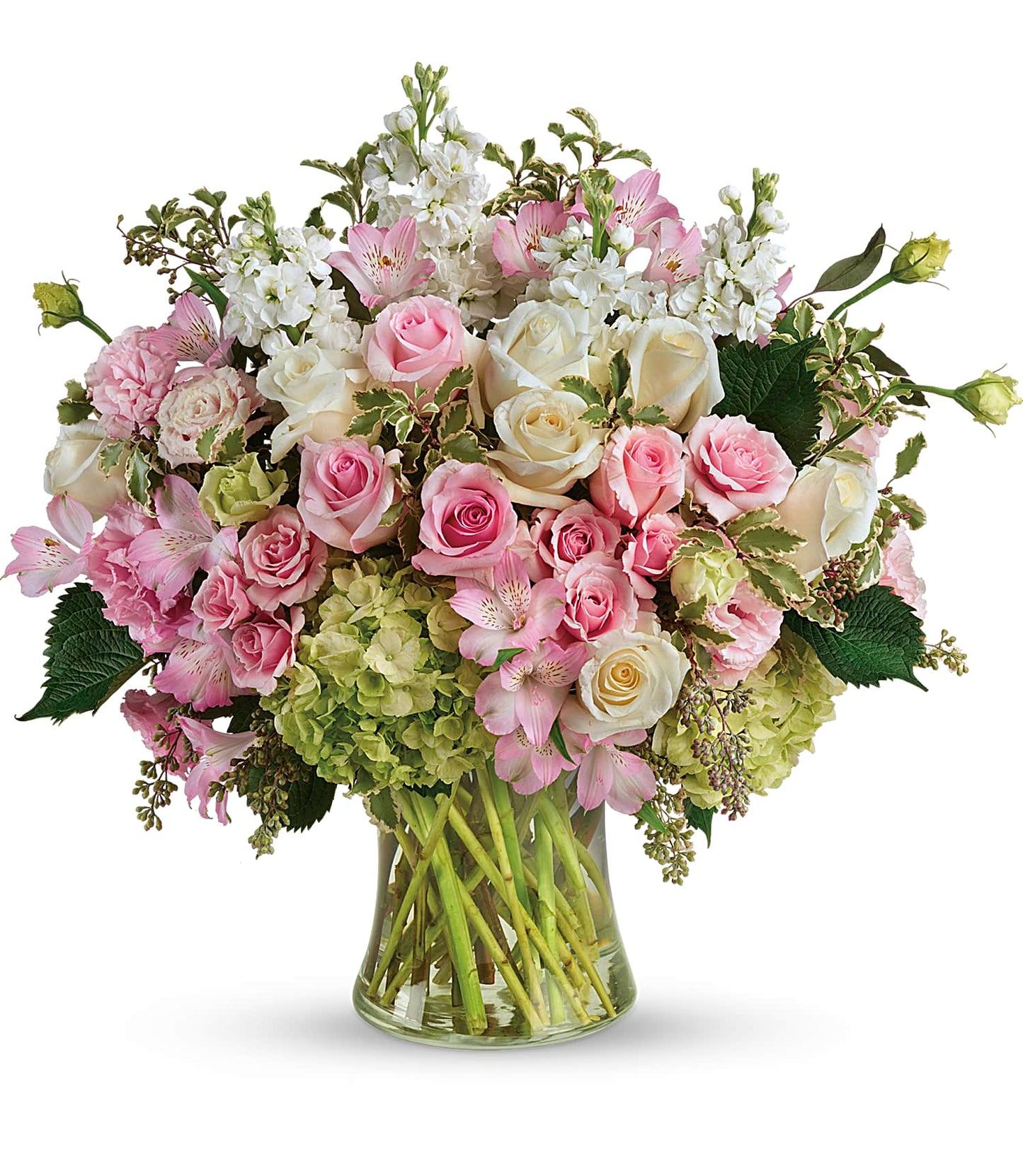 The Beautiful Love Bouquet features a large gathering vase filled with pink and white roses, light green hydrangeas, pink lilies, and assorted greenery for a fresh and elegant look.