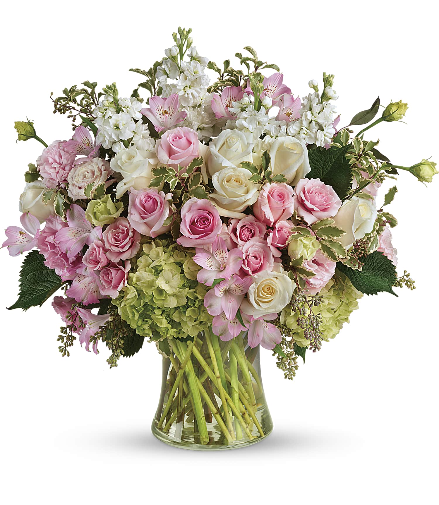The Beautiful Love Bouquet features a large gathering vase filled with pink and white roses, light green hydrangeas, pink lilies, and assorted greenery for a fresh and elegant look.