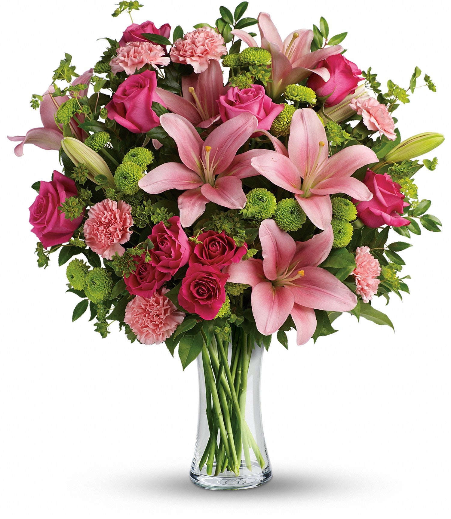 The Dressed To Impress Bouquet features fresh pink asiatic lilies, hot pink roses, carnations, and green fillers with lush greenery in a clear glass vase for an elegant and striking display.