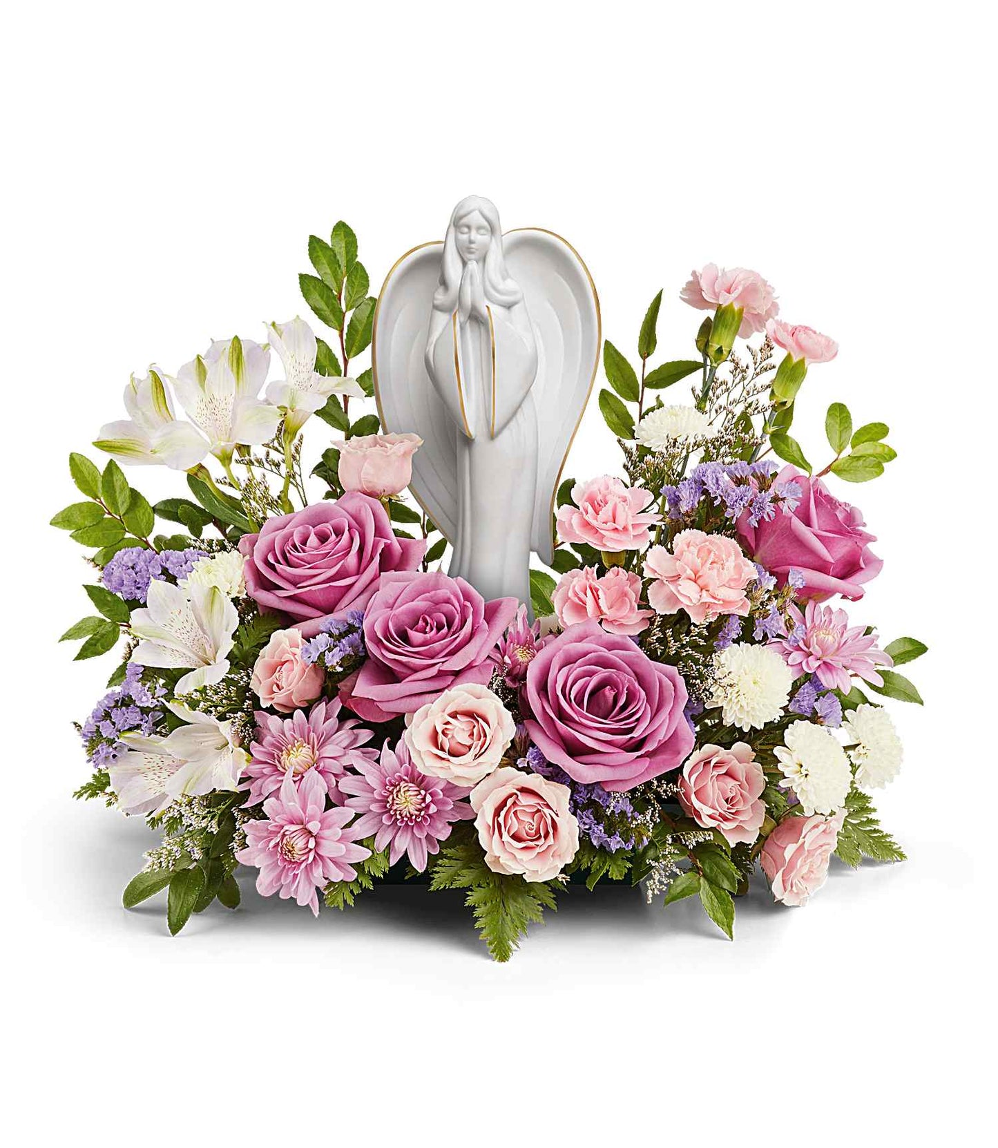The Ever So Loved Bouquet features lavender roses, pink carnations, white lilies, small white flowers, purple accents, and green foliage arranged around a white Angel of Grace keepsake figurine.
