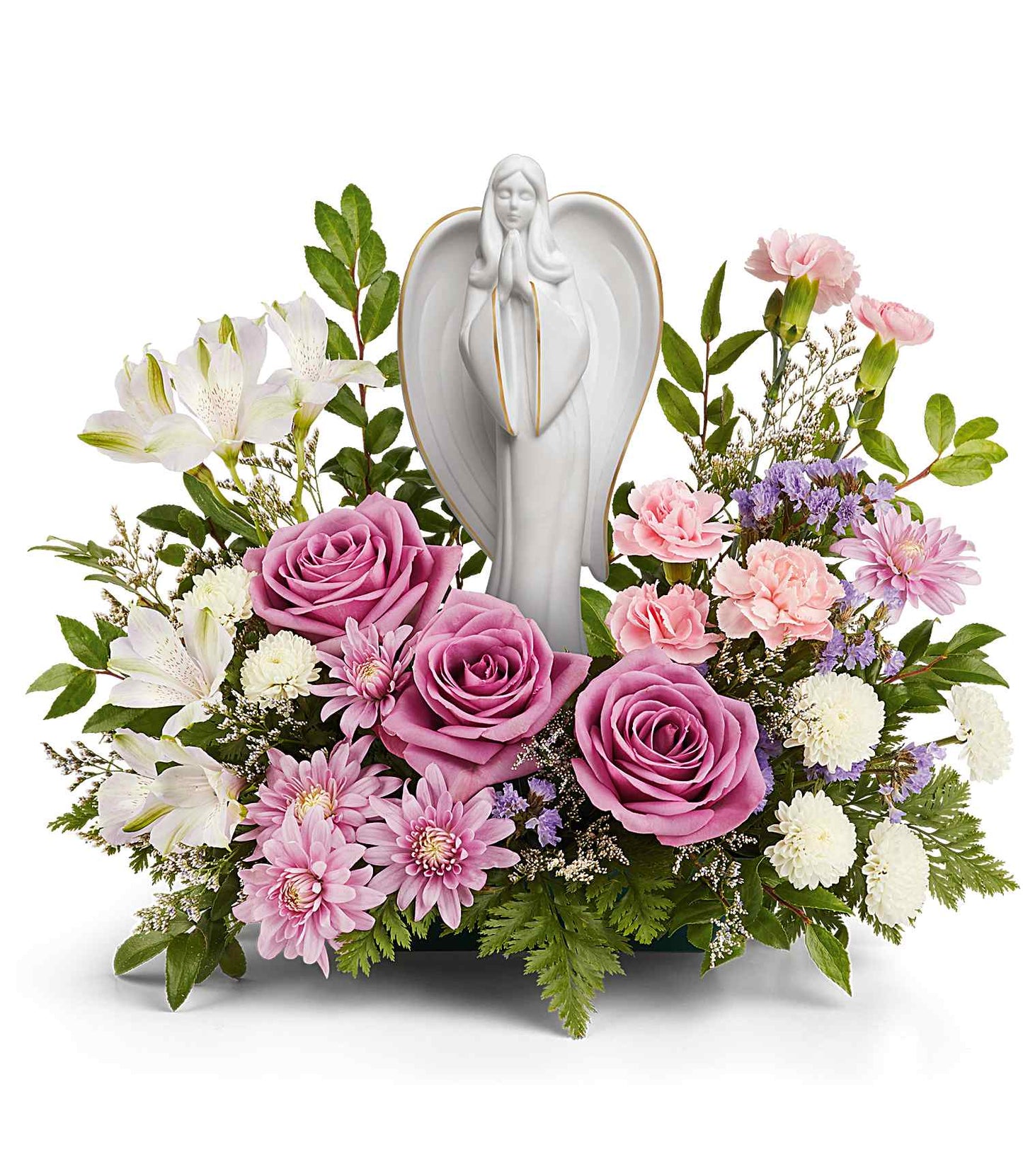 The Ever So Loved Bouquet features lavender roses, pink carnations, white lilies, small white flowers, purple accents, and green foliage arranged around a white Angel of Grace keepsake figurine.