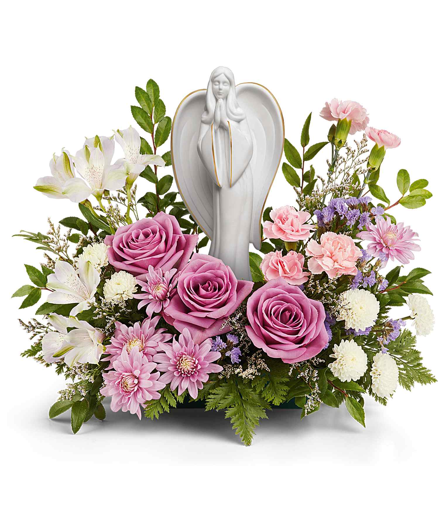 The Ever So Loved Bouquet features lavender roses, pink carnations, white lilies, small white flowers, purple accents, and green foliage arranged around a white Angel of Grace keepsake figurine.