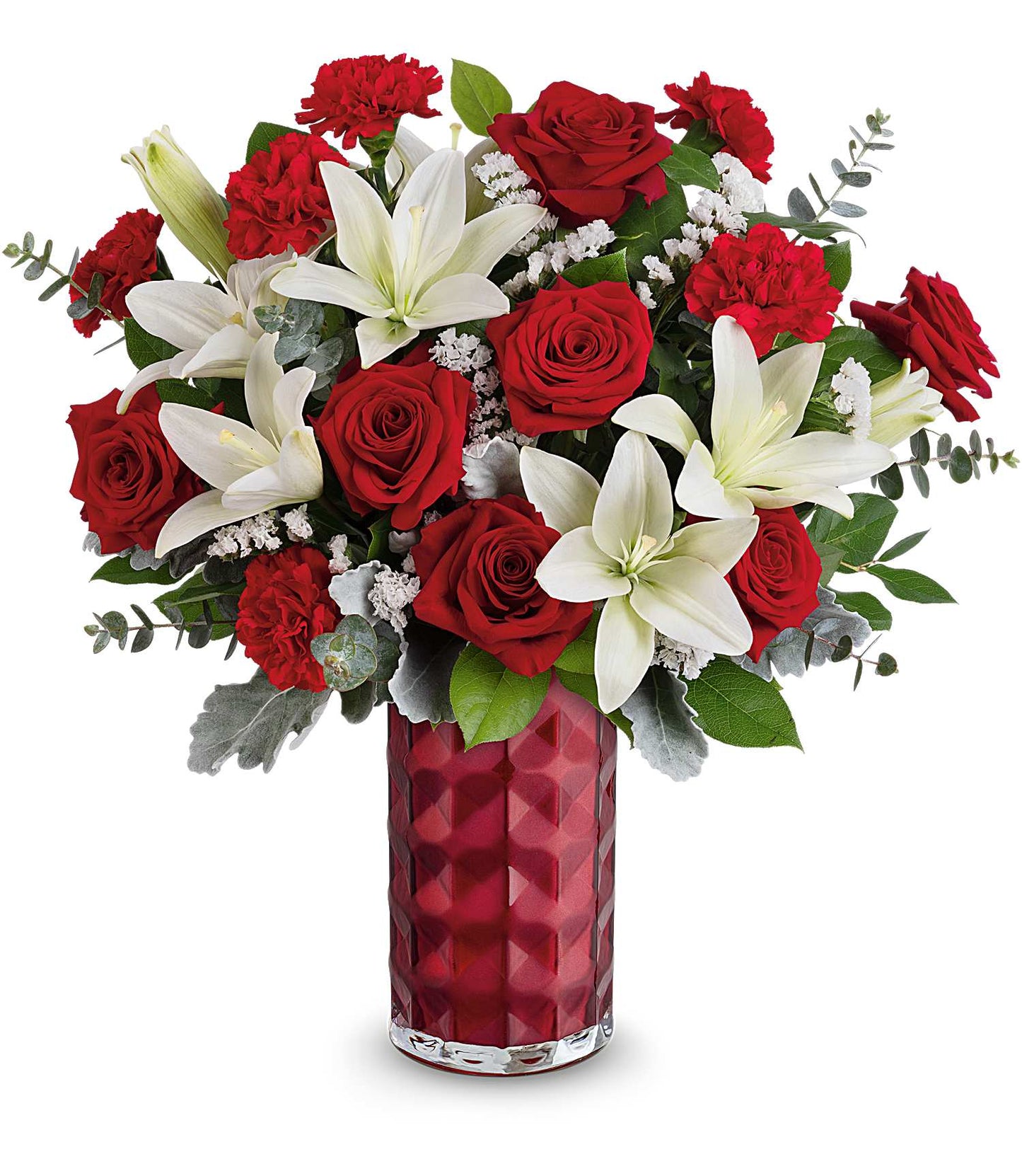 The Floral Harmony Bouquet by Fleuriste Terrafolia Flowers features red roses, red carnations, asiatic and white lilies, plus greenery in a textured deep red Teleflora Love Prism Vase.