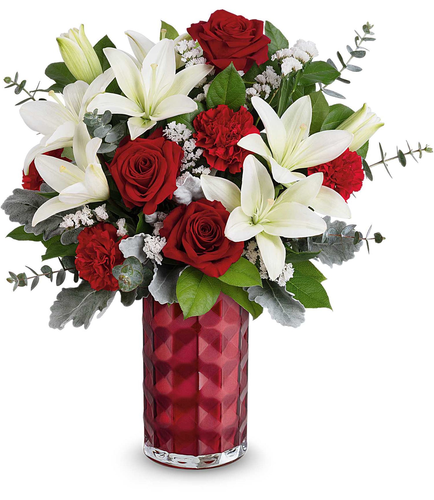 The Floral Harmony Bouquet by Fleuriste Terrafolia Flowers features red roses, red carnations, asiatic and white lilies, plus greenery in a textured deep red Teleflora Love Prism Vase.