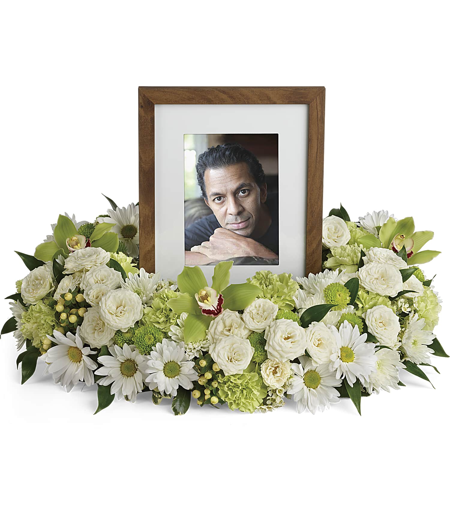 The TF Garden Wreath frames a black and white photo of a smiling elderly man in a hat, surrounded by luxurious white daisies, green carnations, chrysanthemums, and assorted greenery.