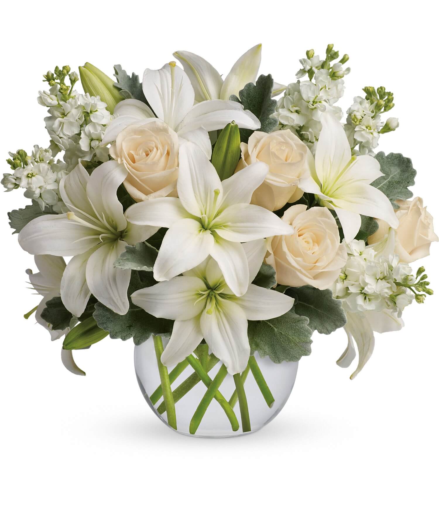 The Isle of White Bouquet by TF features white asiatic lilies, crème roses, and white stock flowers, all beautifully arranged in a bubble glass vase with fresh greenery.