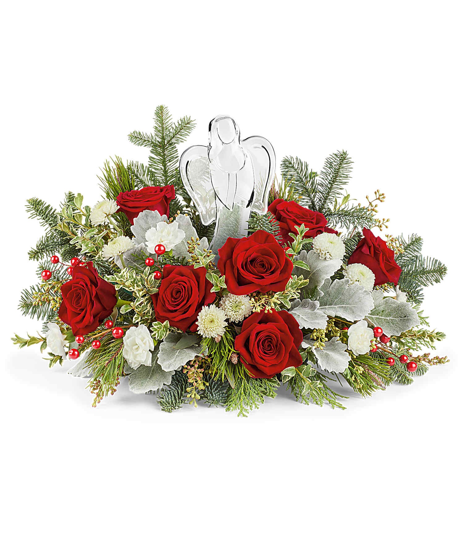 The Joy To The World Bouquet by Fleuriste Terrafolia Flowers showcases red roses, white blooms, lush greenery, pine sprigs, and a decorative glass angel centerpiece for a festive Christmas touch.