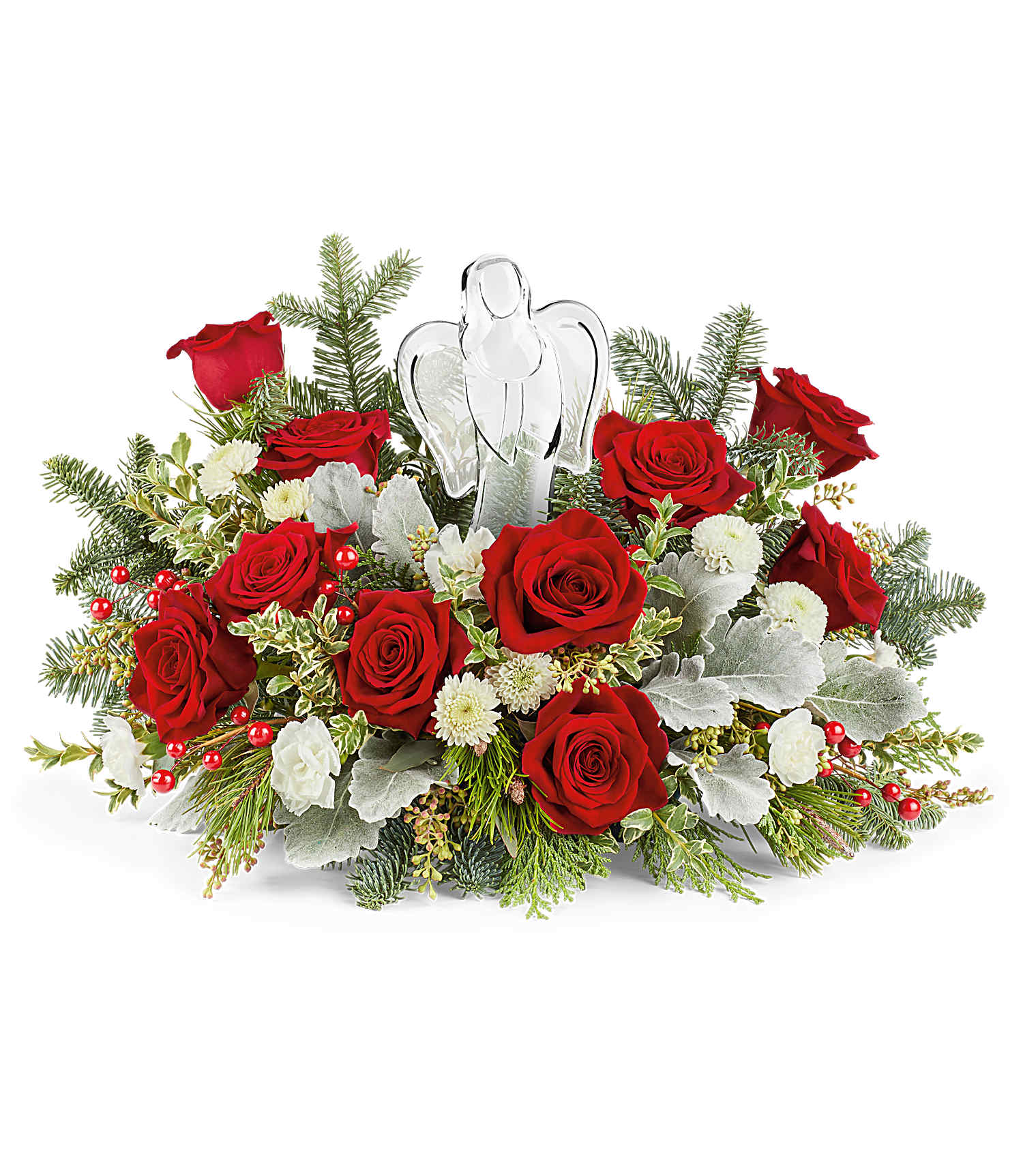 The Joy To The World Bouquet by Fleuriste Terrafolia Flowers showcases red roses, white blooms, lush greenery, pine sprigs, and a decorative glass angel centerpiece for a festive Christmas touch.