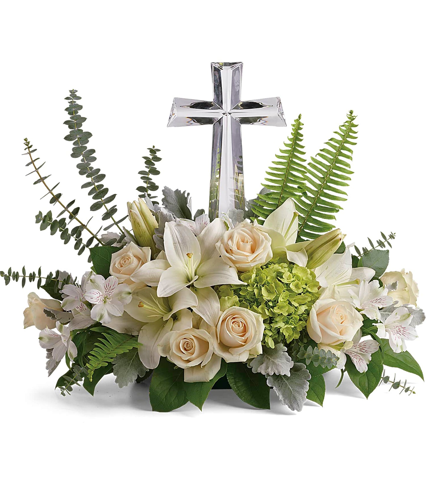 The Life's Glory Bouquet features crème roses, green hydrangea, white lilies, ferns, and assorted greenery, artfully arranged around a Large Crystal Cross Keepsake.