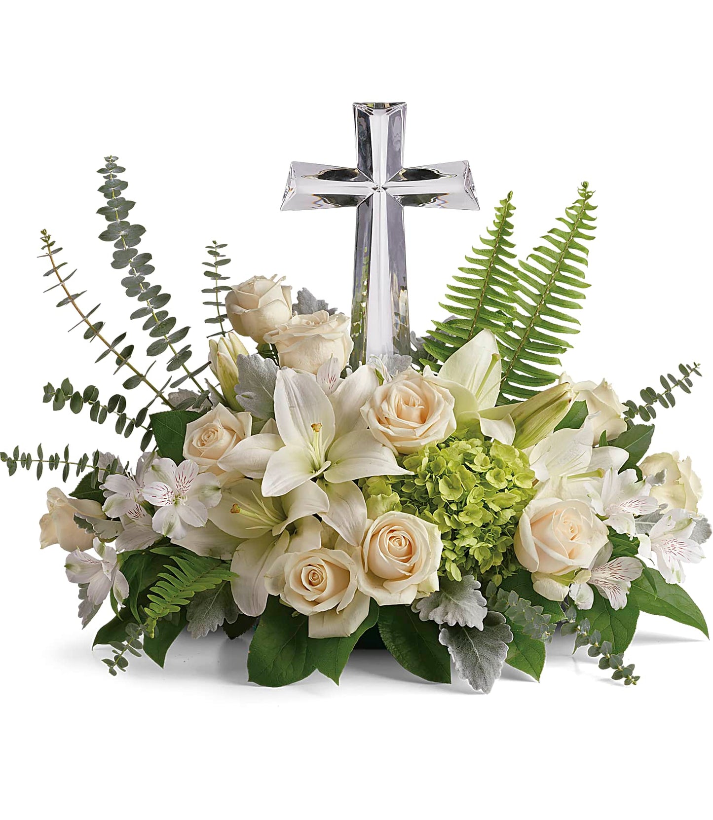 The Life's Glory Bouquet features crème roses, green hydrangea, white lilies, ferns, and assorted greenery, artfully arranged around a Large Crystal Cross Keepsake.