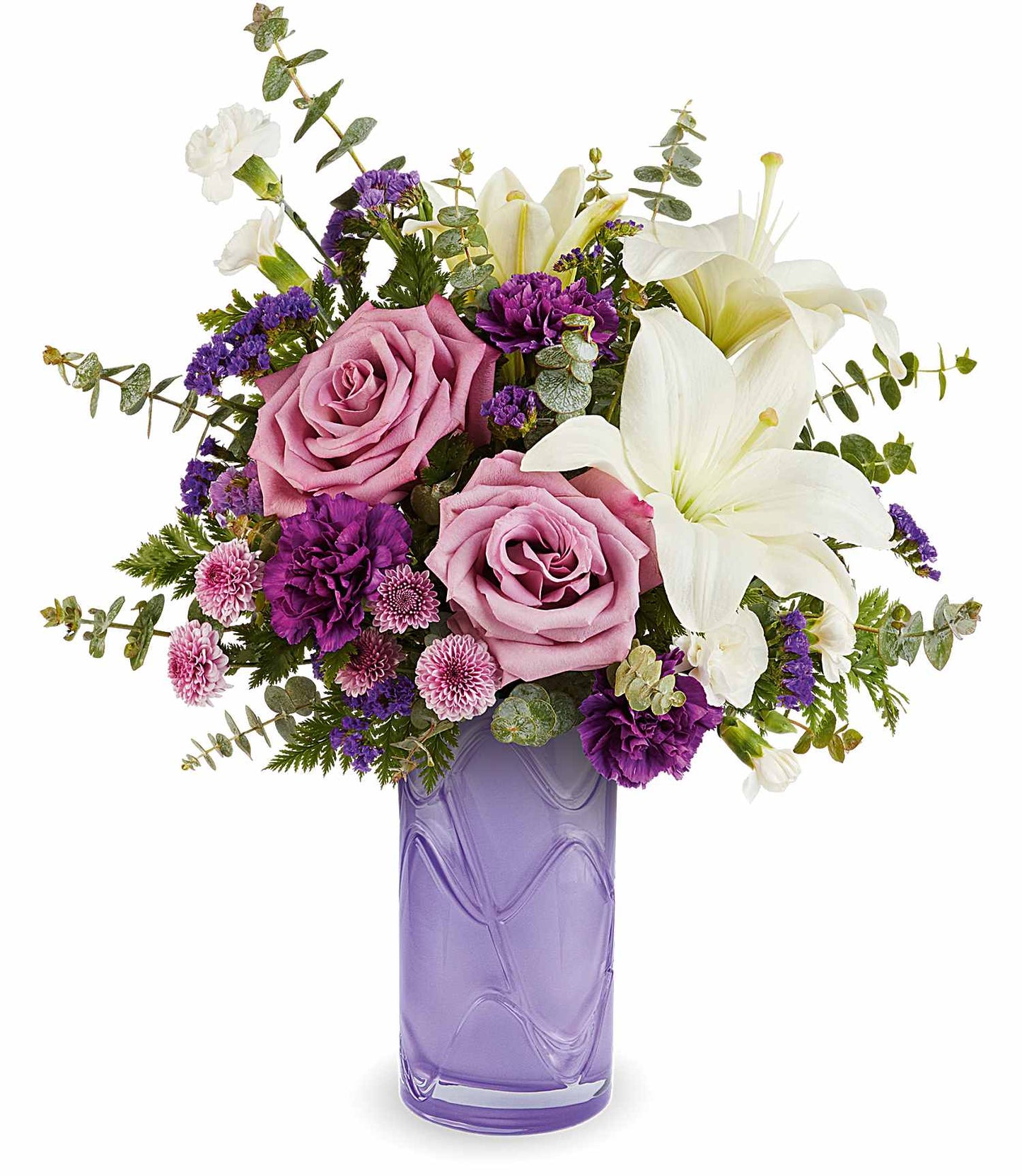 The Mauvelous Bloom Bouquet features pink and lavender roses, white asiatic lilies, purple carnations, and assorted greenery for a lush, elegant display perfect for any occasion.