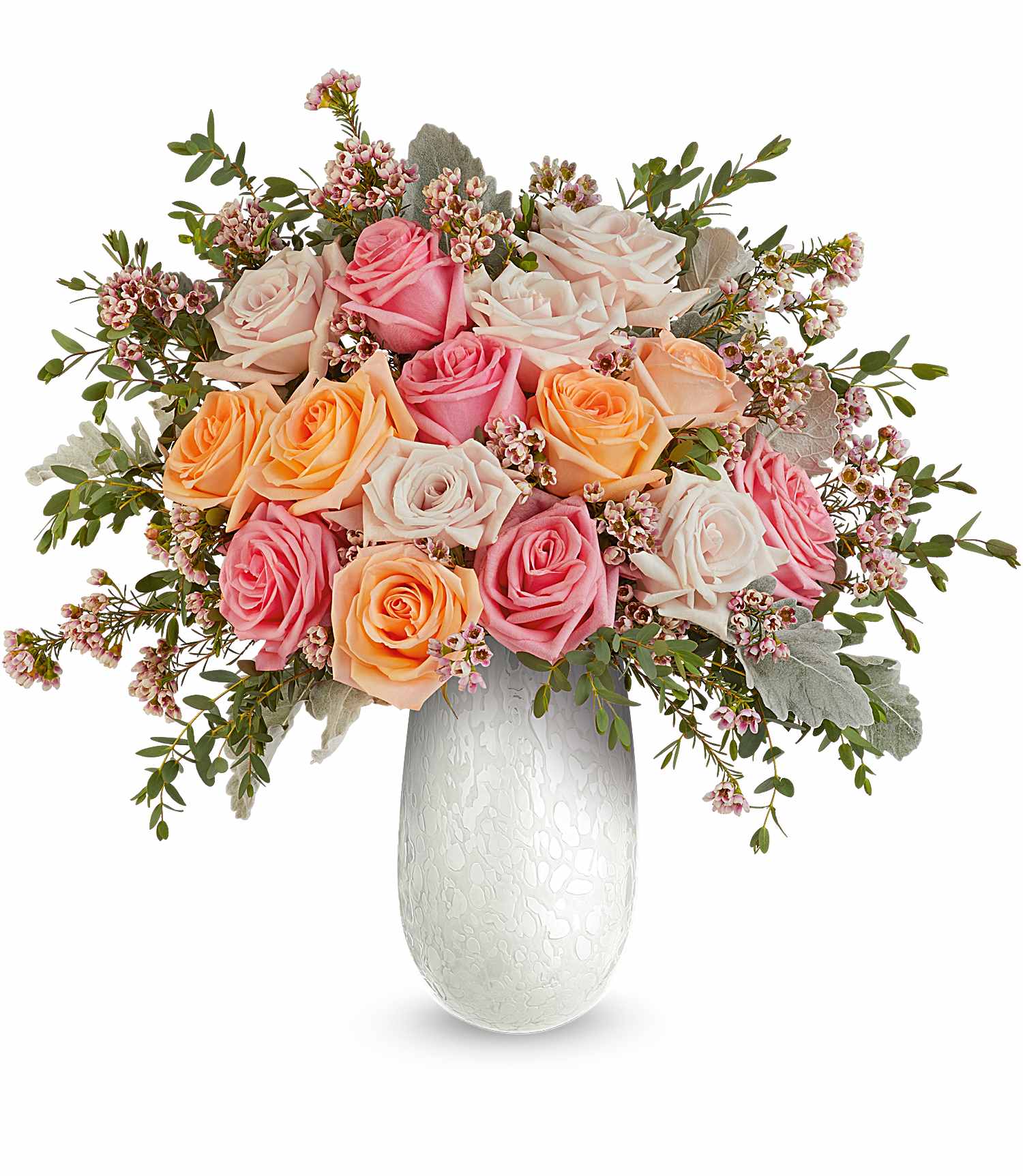 The Opal Garden Bouquet features pink, peach, and cream roses with pink filler flowers and greenery arranged in a textured white Amelia Vase for a charming display.