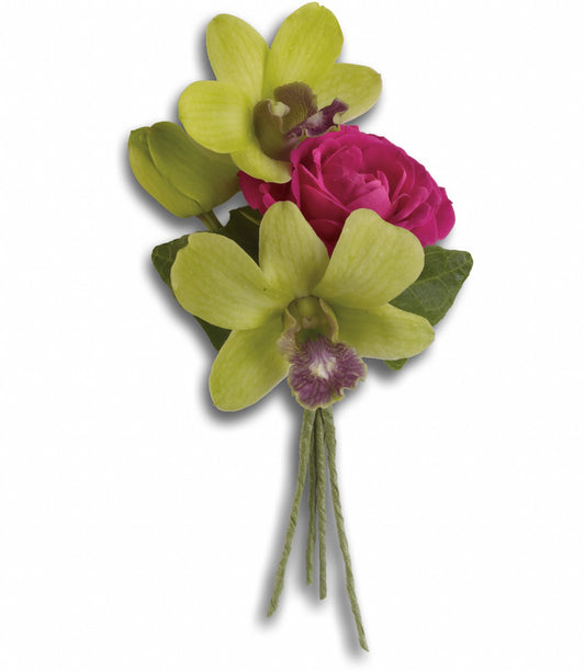 The TF Orchid Celebration Boutonniere features two green dendrobium orchids, a hot pink rose, lush green leaves, and green-wrapped stems displayed against a white background.