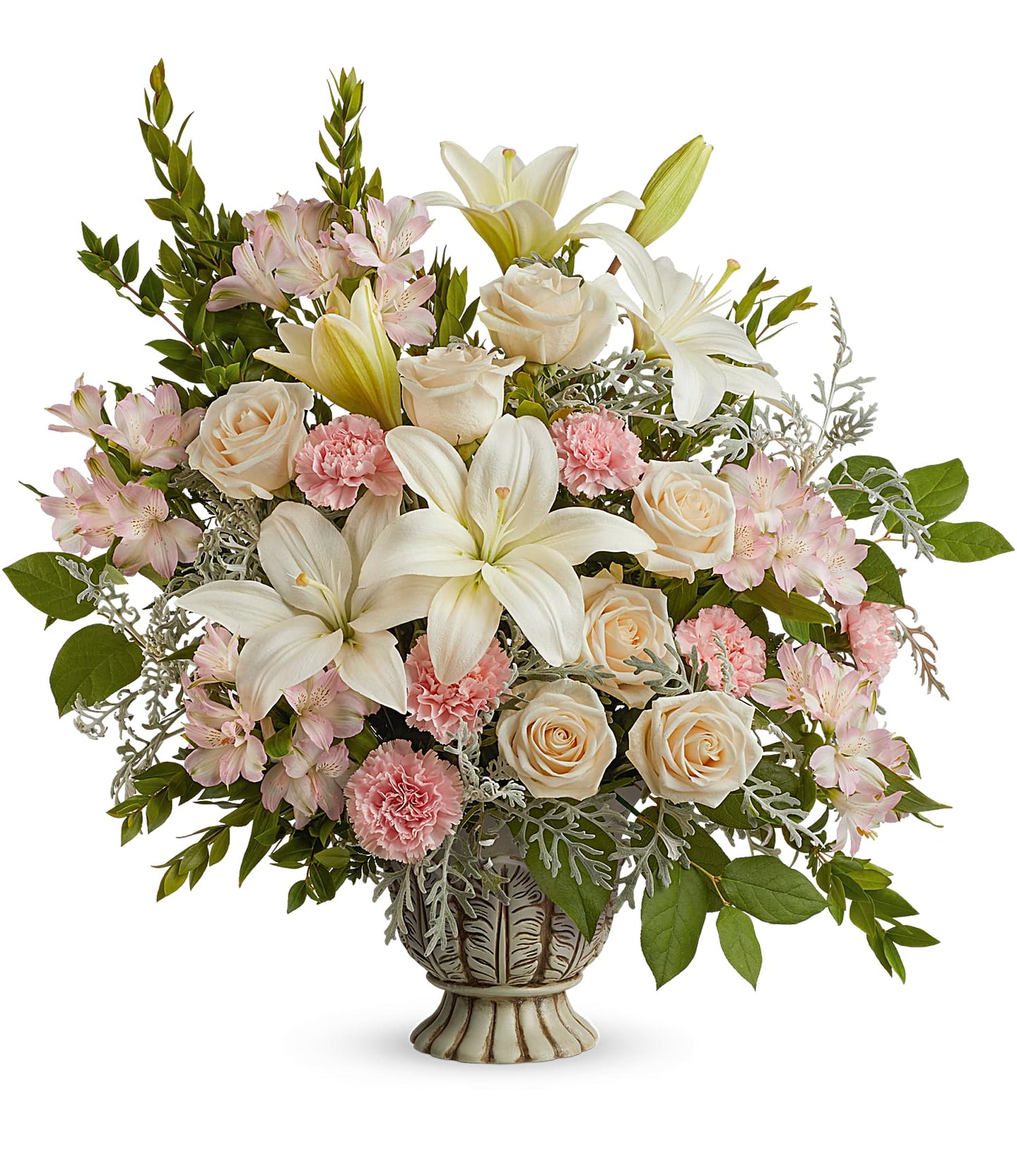 The Peaceful Joy Bouquet features white asiatic lilies, pale pink roses, pink carnations, crème roses, and assorted greenery for a soft, elegant display.