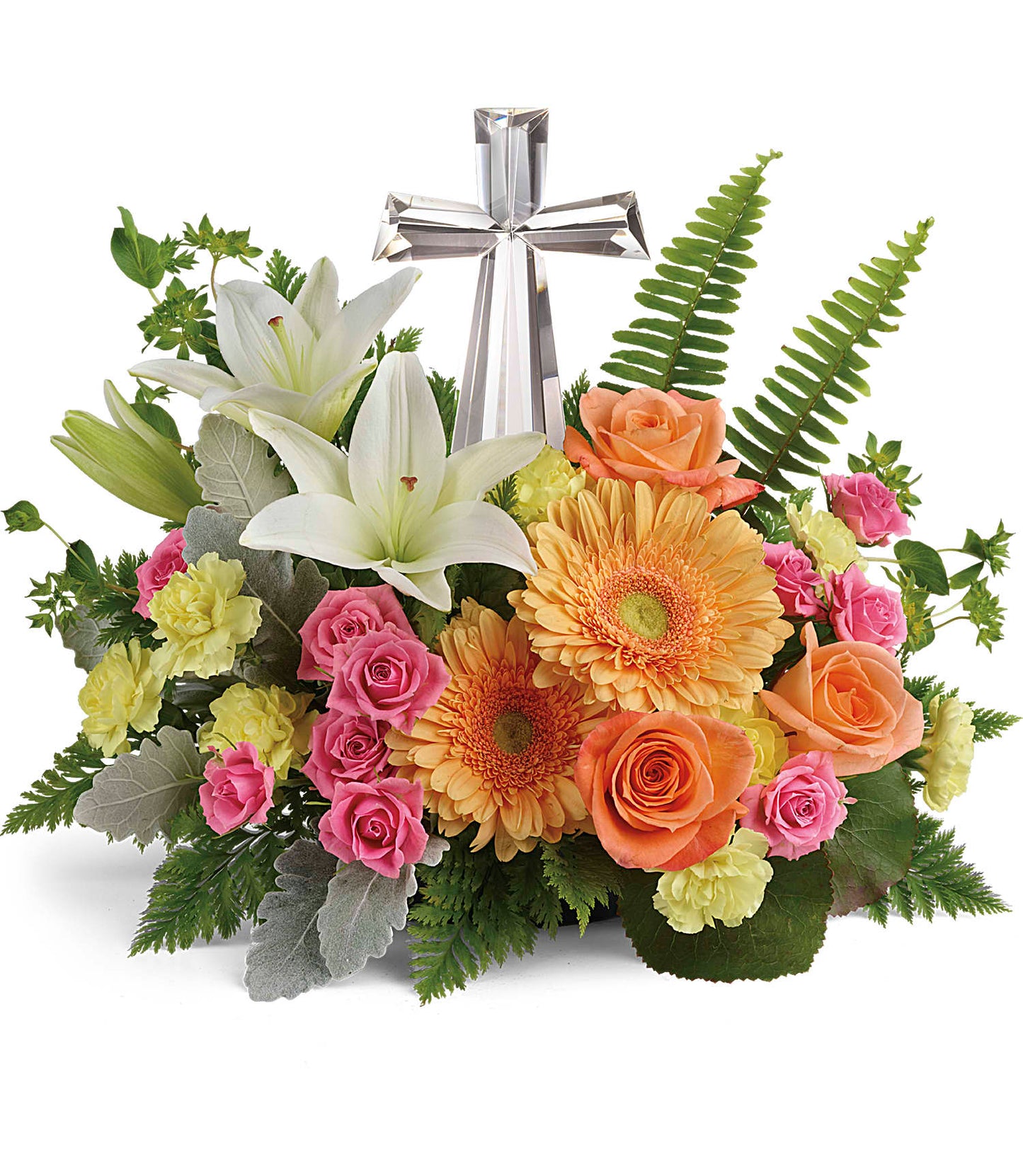 The Precious Petals Bouquet features white asiatic lilies, yellow carnations, pink roses, orange gerbera daisies, and lush greenery arranged around a Crystal Cross keepsake centerpiece.