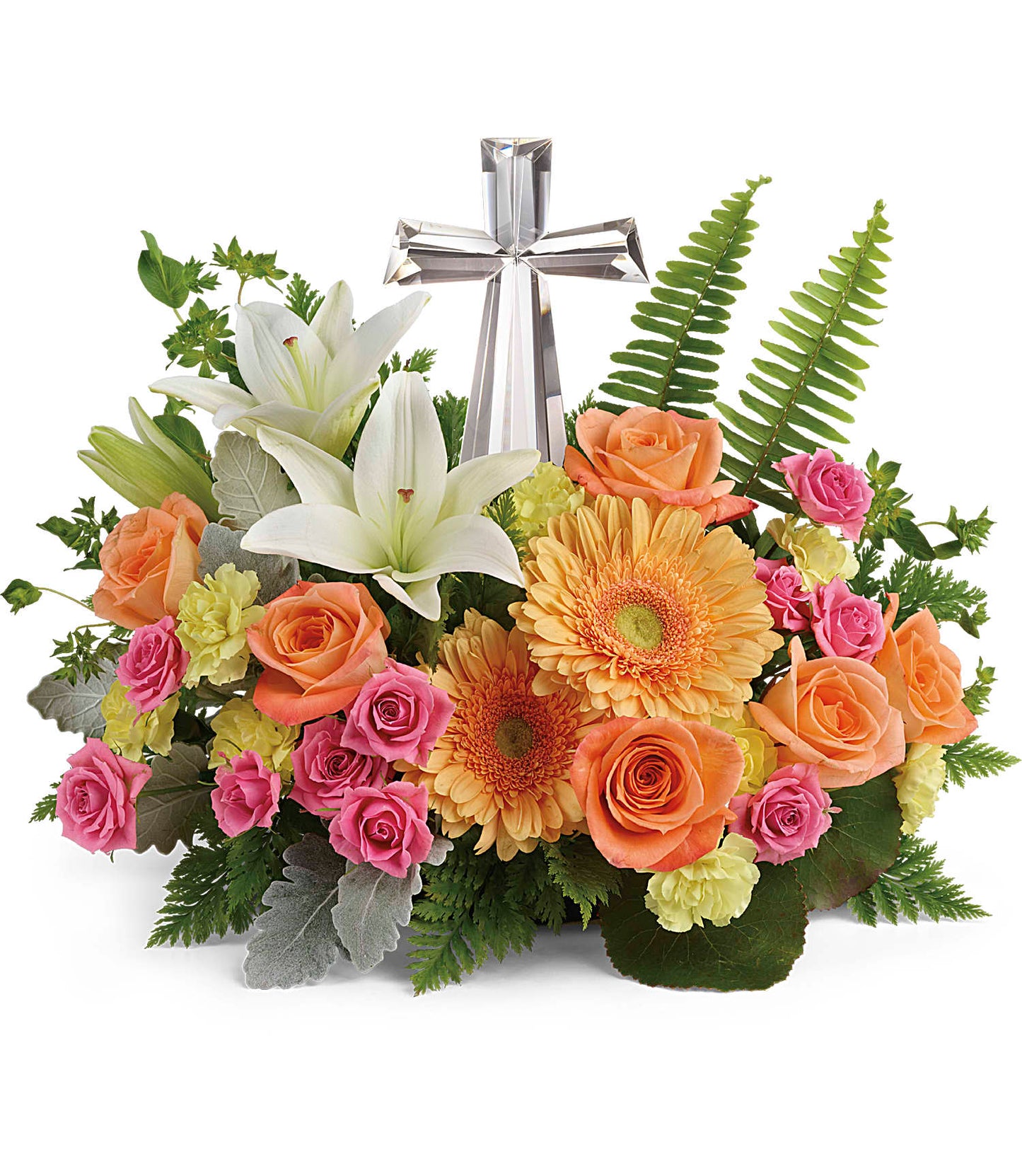 The Precious Petals Bouquet features white asiatic lilies, yellow carnations, pink roses, orange gerbera daisies, and lush greenery arranged around a Crystal Cross keepsake centerpiece.