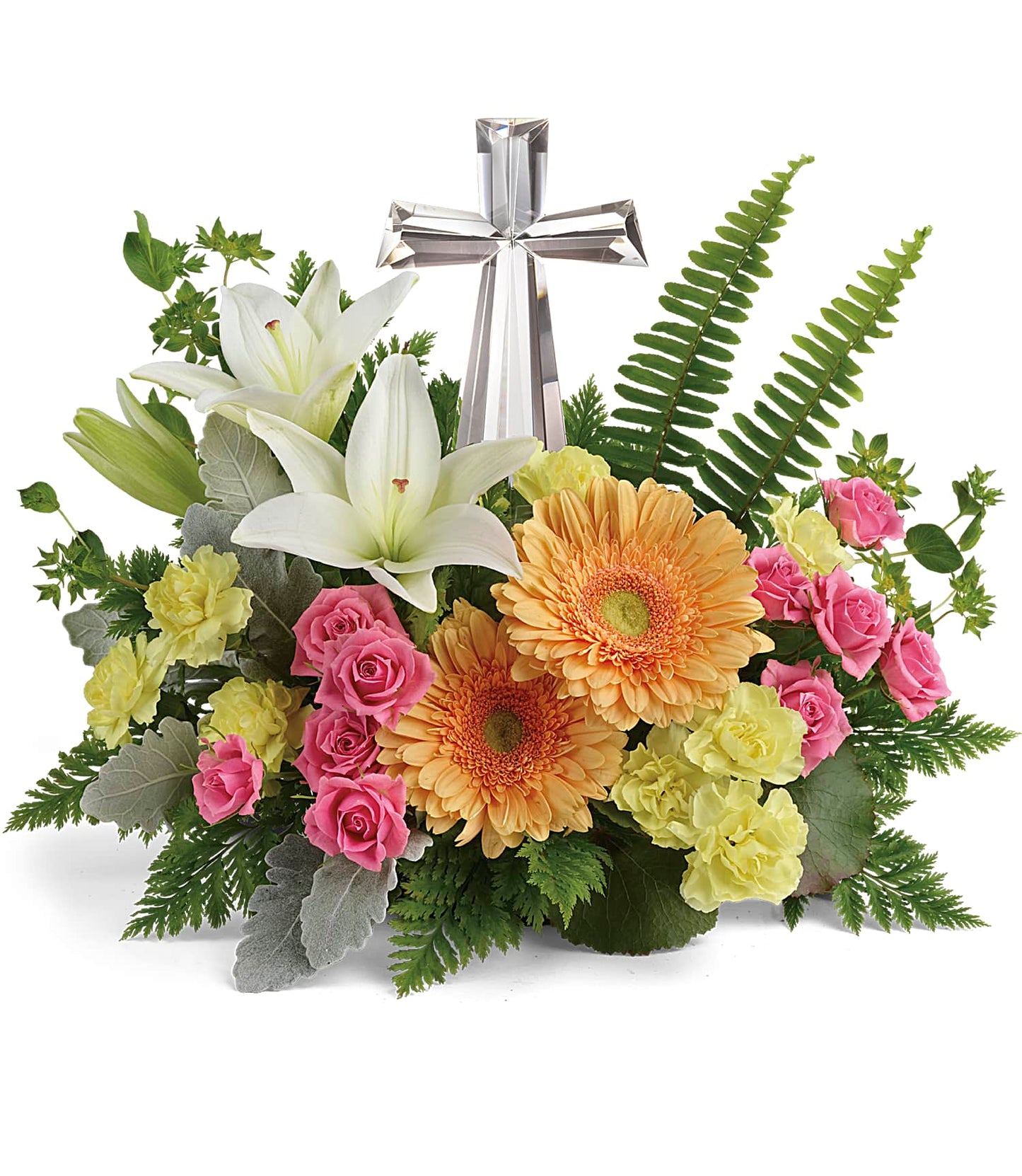The Precious Petals Bouquet features white asiatic lilies, yellow carnations, pink roses, orange gerbera daisies, and lush greenery arranged around a Crystal Cross keepsake centerpiece.