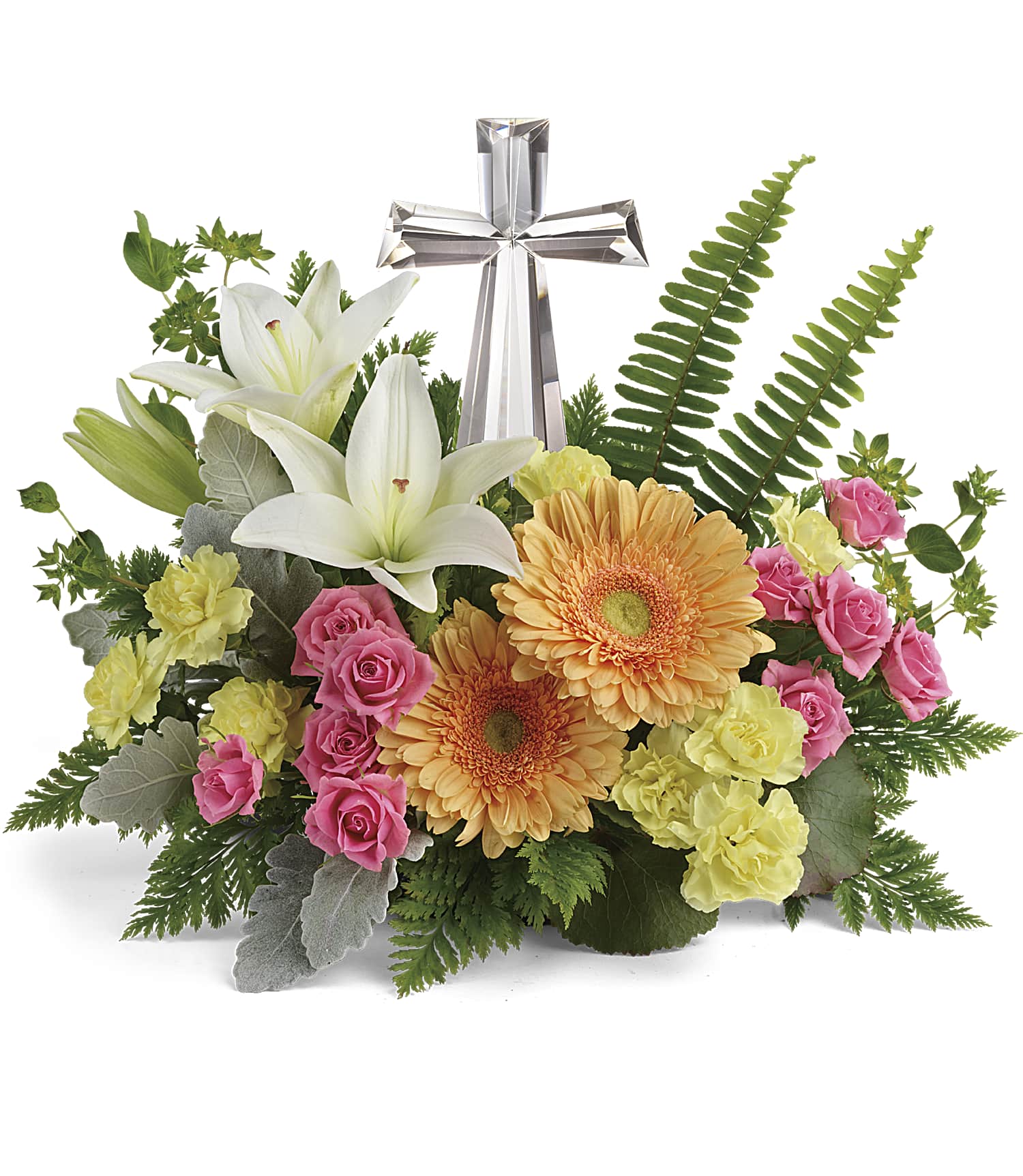 The Precious Petals Bouquet features white asiatic lilies, yellow carnations, pink roses, orange gerbera daisies, and lush greenery arranged around a Crystal Cross keepsake centerpiece.