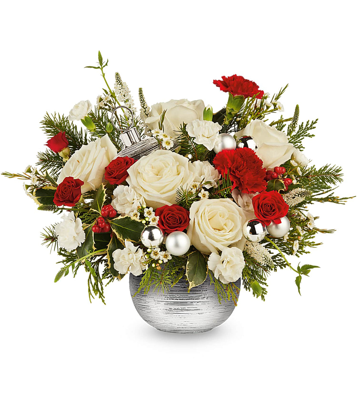 The Silver Radiance Bouquet features red and white roses, carnations, and greenery accented with silver ornaments in a silver ornament vase.