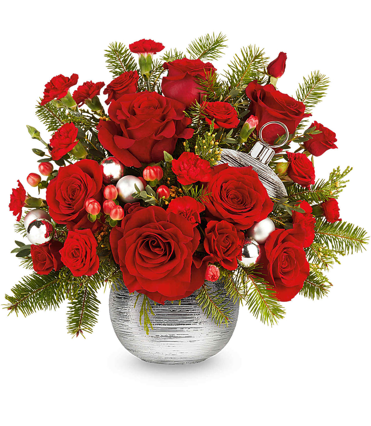 Le bouquet Silver Sparkle se compose de roses rouges, d'œillets et de branches de conifères, rehaussés d'ornements argentés, le tout présenté dans un pot décoratif texturé.