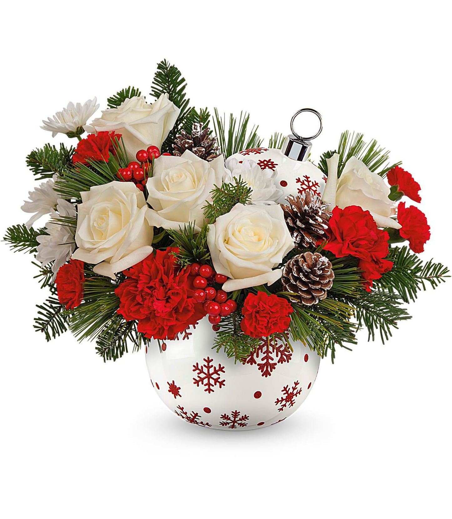The Snowy Sparkle Bouquet by Fleuriste Terrafolia Flowers features white roses, red carnations, pine branches, pinecones, and red berries in a snowflake-adorned Teleflora Ornament vase with a silver top.