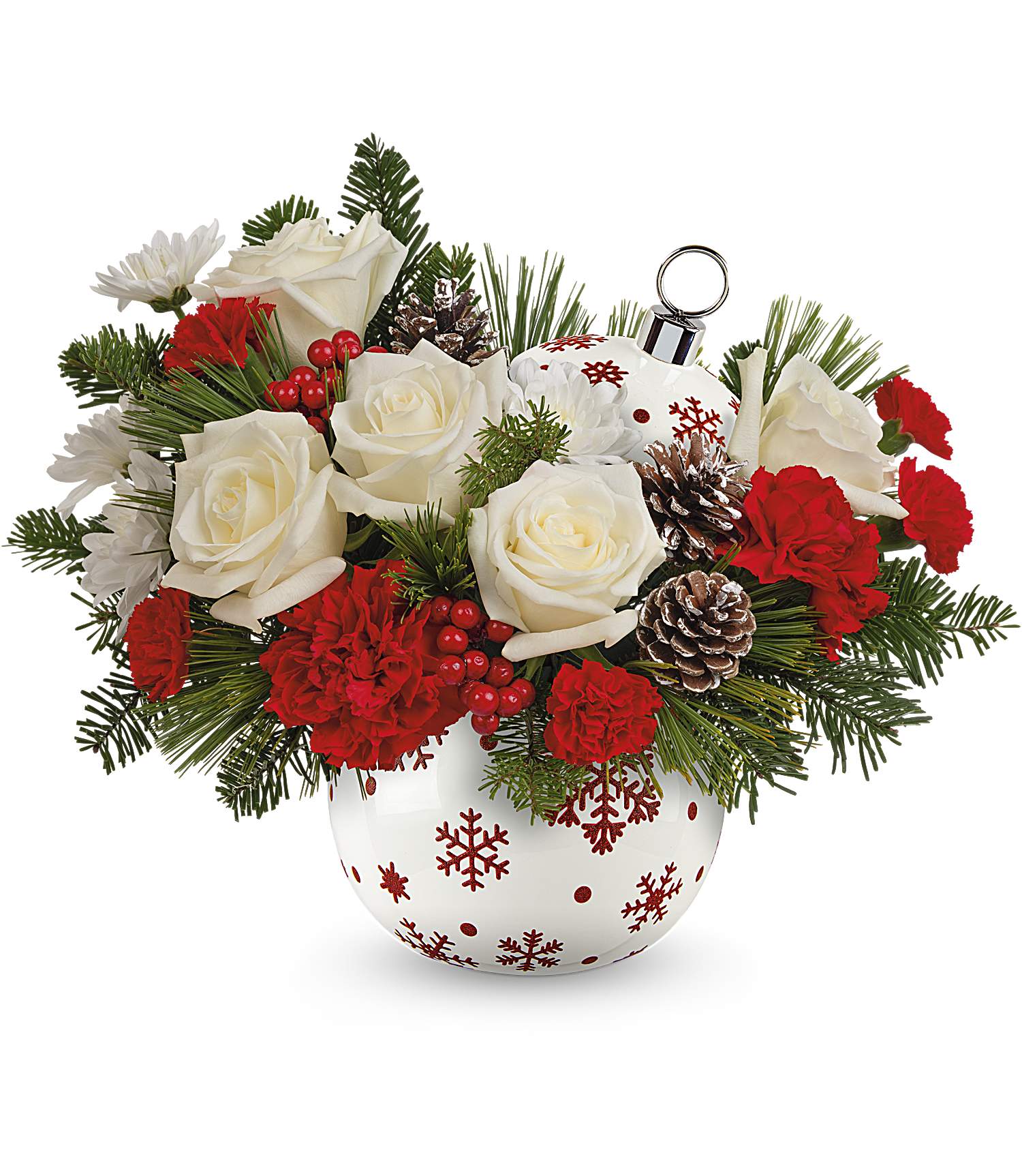 The Snowy Sparkle Bouquet by Fleuriste Terrafolia Flowers features white roses, red carnations, pine branches, pinecones, and red berries in a snowflake-adorned Teleflora Ornament vase with a silver top.