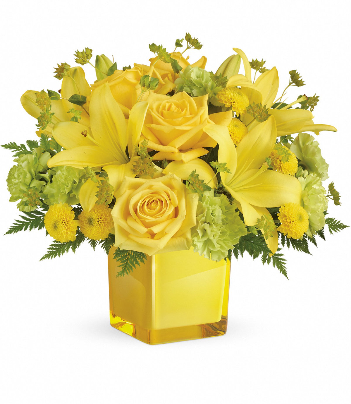 The Sunny Mood Bouquet features yellow roses, lilies, and chrysanthemums with green accents in a yellow glass cube.