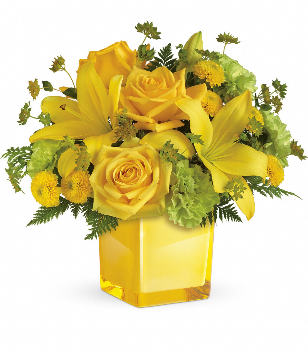 The Sunny Mood Bouquet features yellow roses, lilies, and chrysanthemums with green accents in a yellow glass cube.