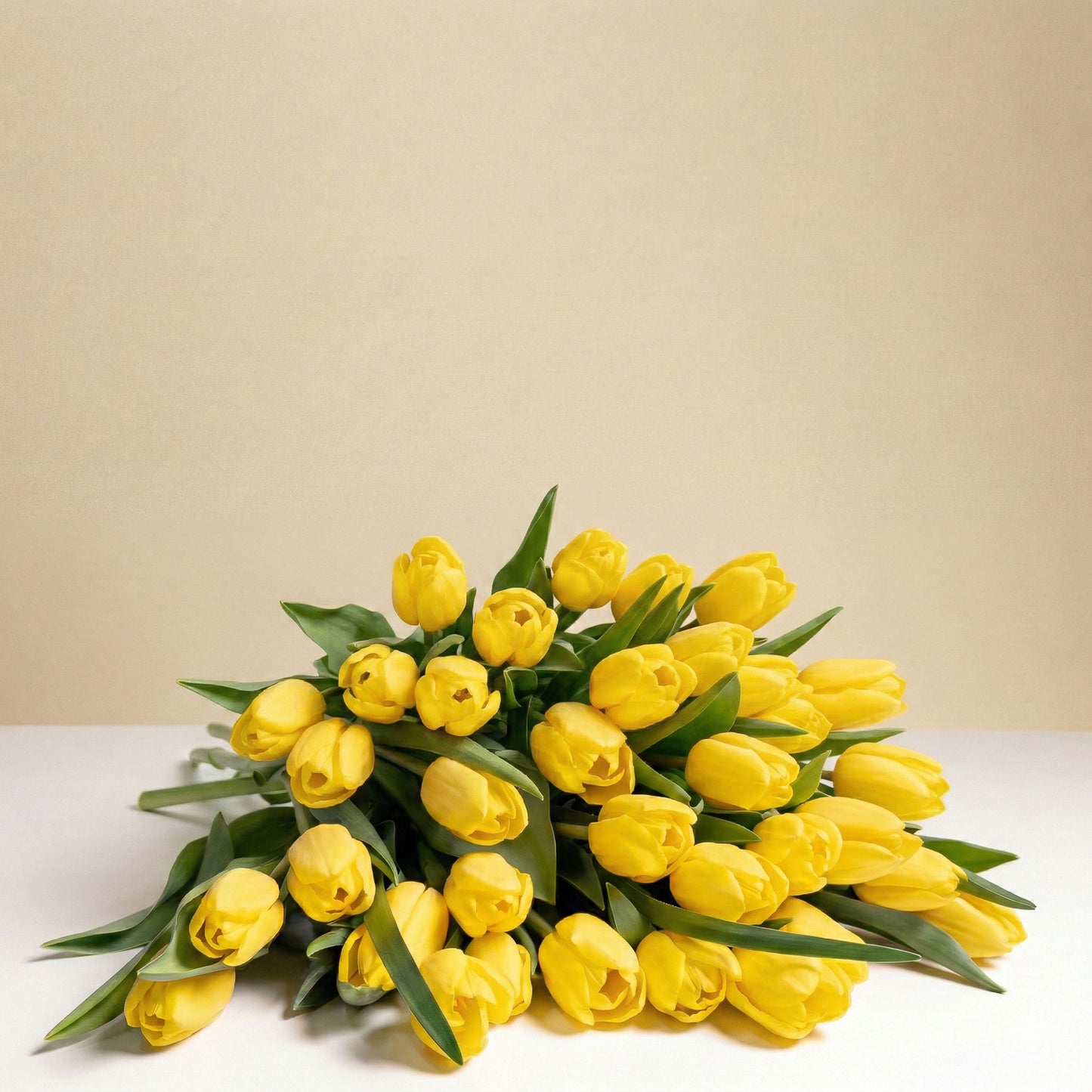 Sunny Yellow Tulips Wrapped, featuring vibrant yellow tulips and green leaves, is beautifully gift wrapped and displayed on a white surface with a beige background—perfect for sending sunshine.