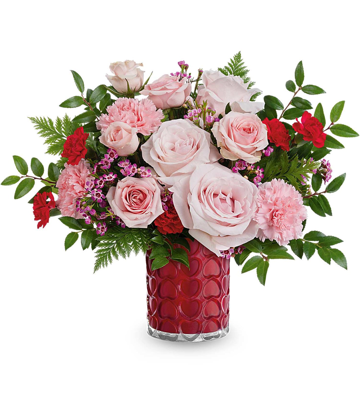 The Sweetheart Sparkle Bouquet by TF features light pink roses, red miniature carnations, small red flowers, and greenery in an Enchanted Hearts Vase.